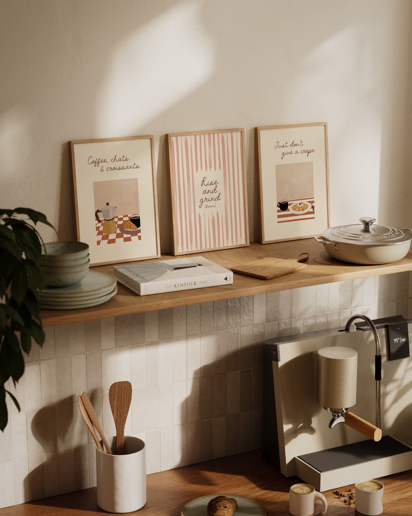 Playful coffee lover print with brushstroke stripes