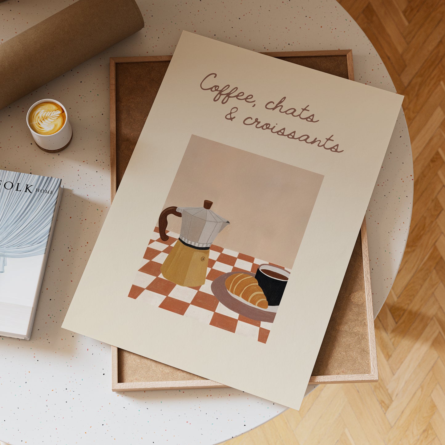 Minimalist coffee and croissant print for kitchen or dining room