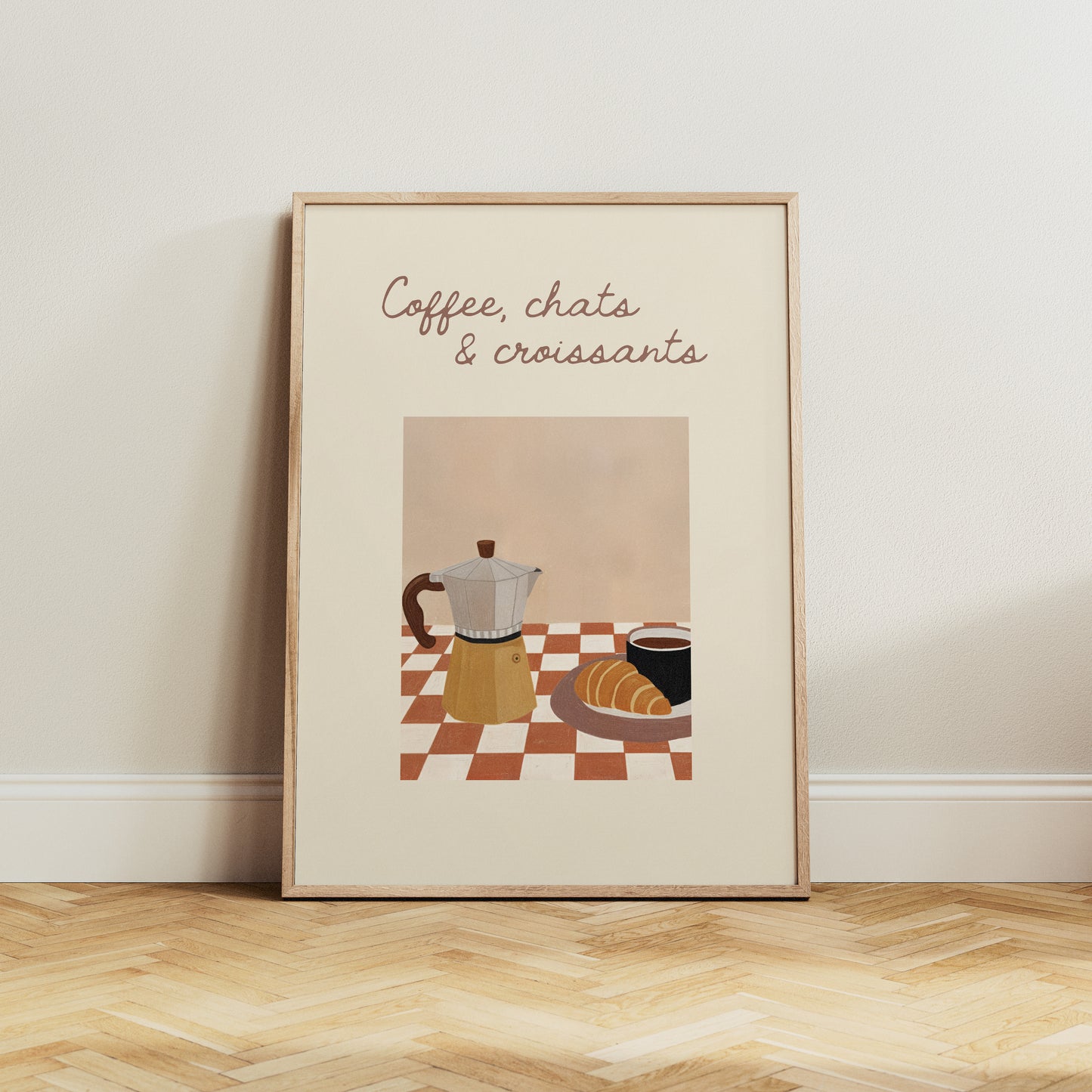 French café style wall art with moka pot and breakfast scene