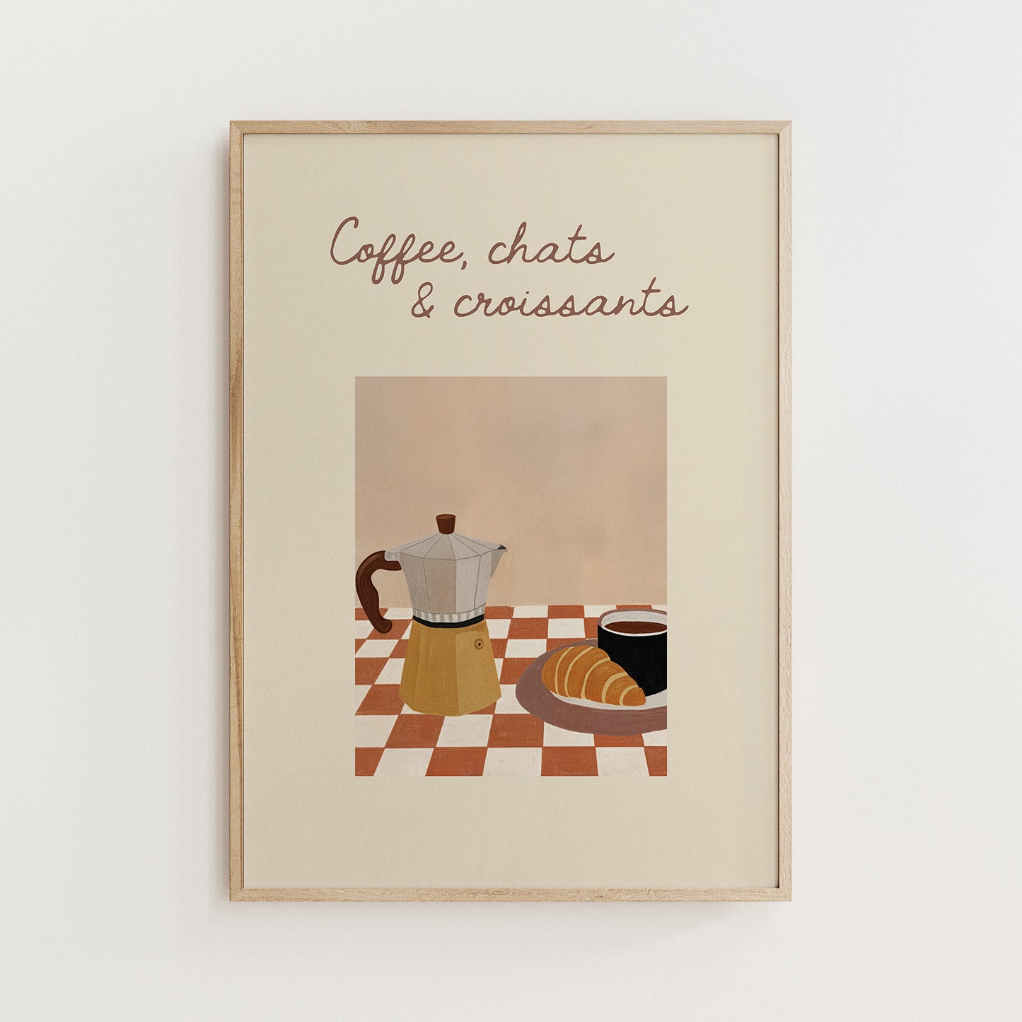 Cozy kitchen decor illustration with coffee cup and croissant