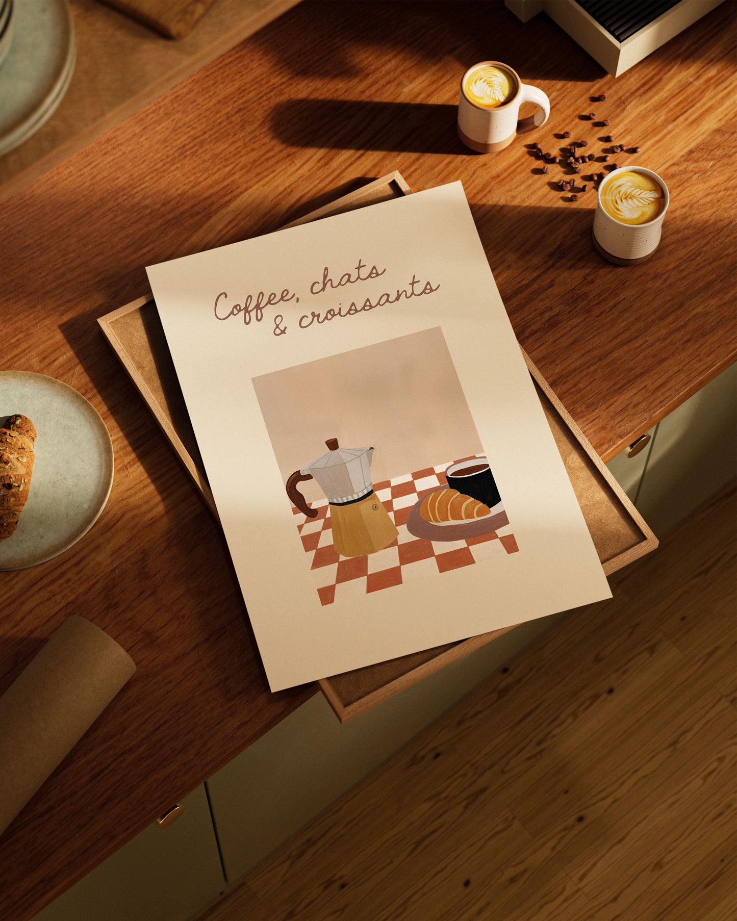 Warm neutral artwork with handwritten Coffee Chats and Croissants text