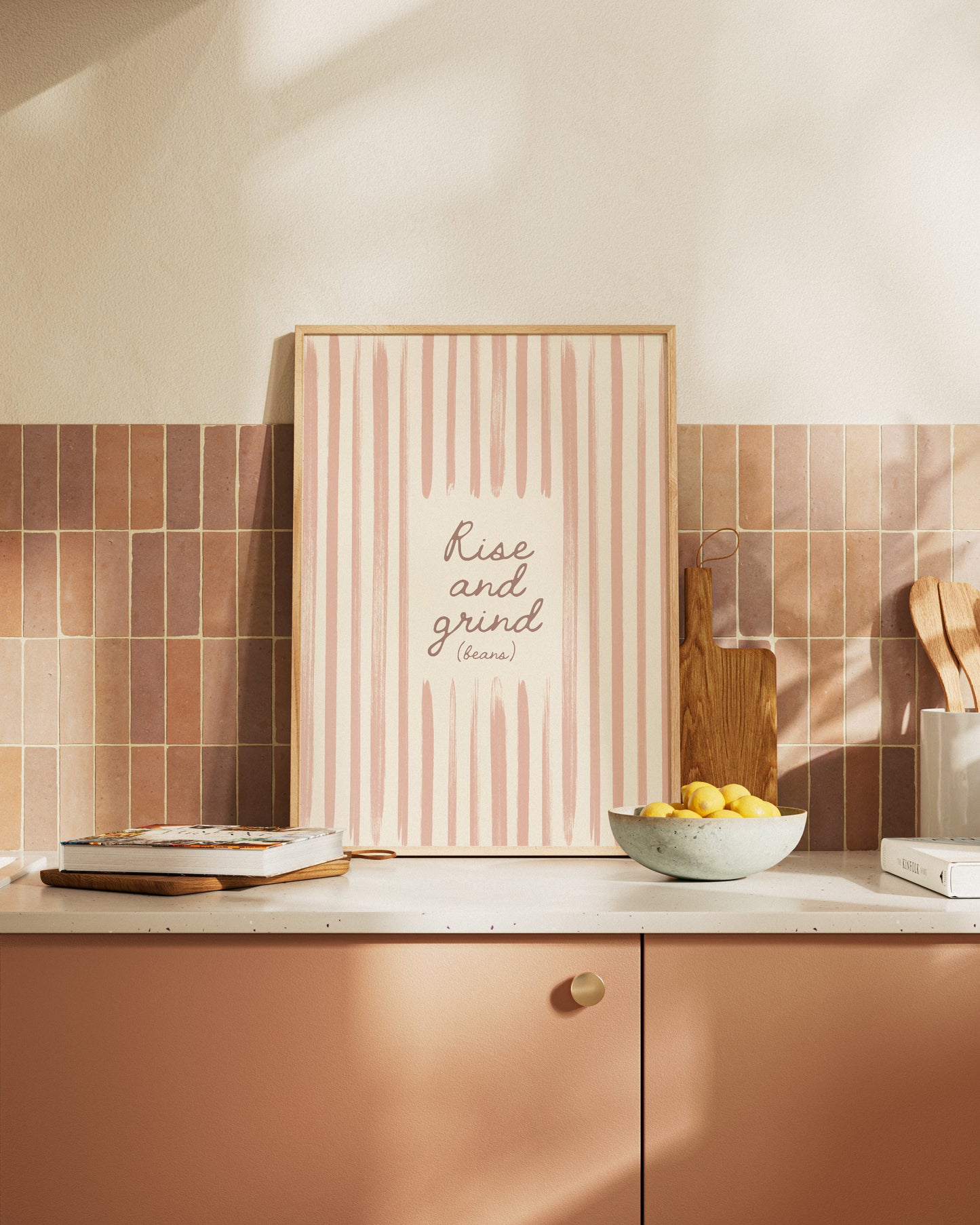 Minimalist coffee wall art in beige and terracotta tones