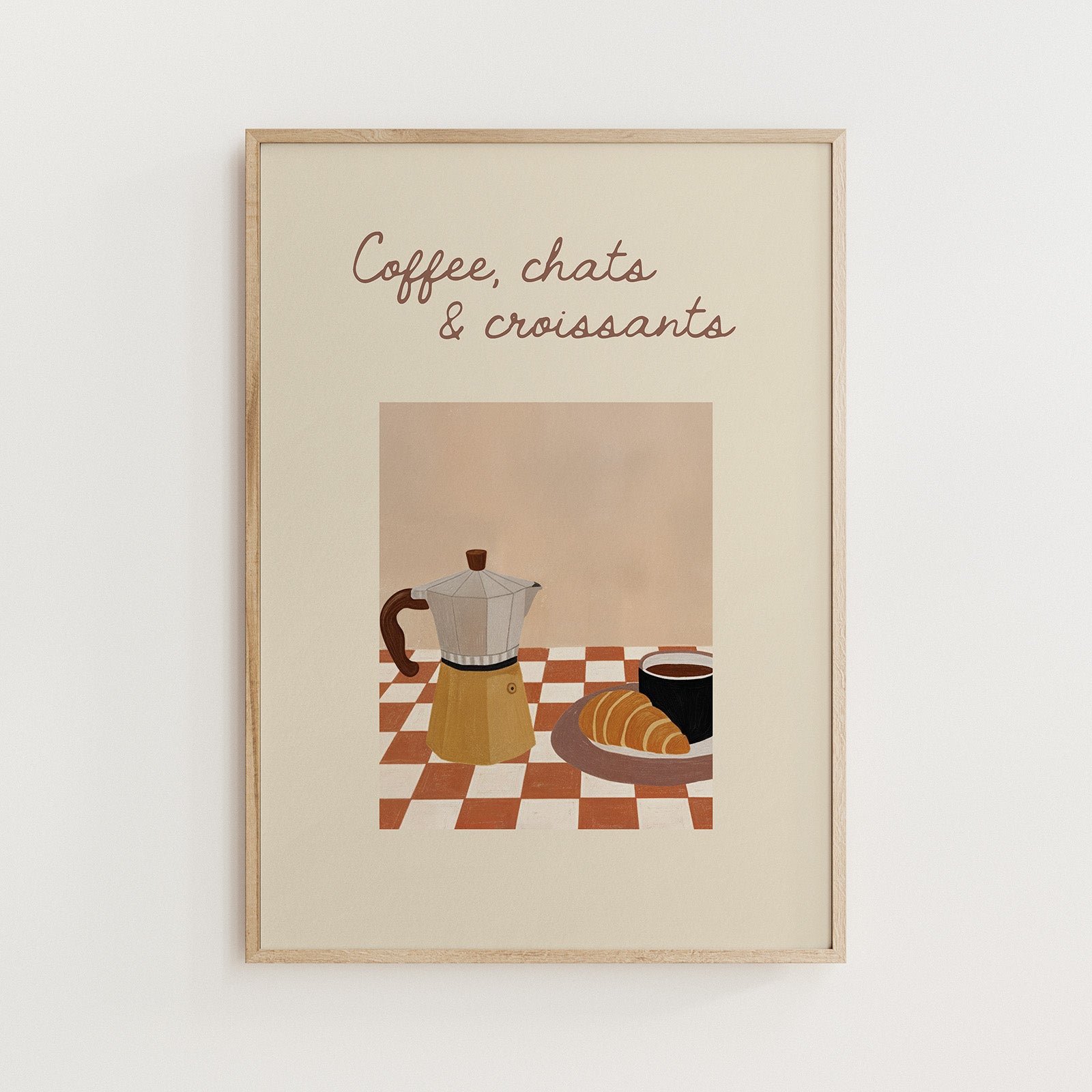Cozy kitchen decor illustration with coffee cup and croissant