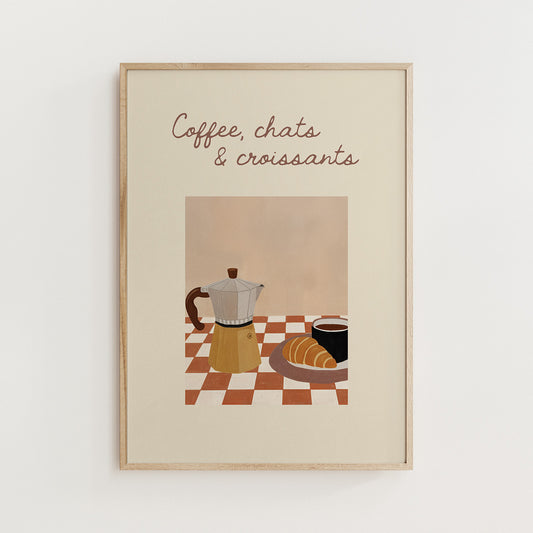 Cozy kitchen decor illustration with coffee cup and croissant