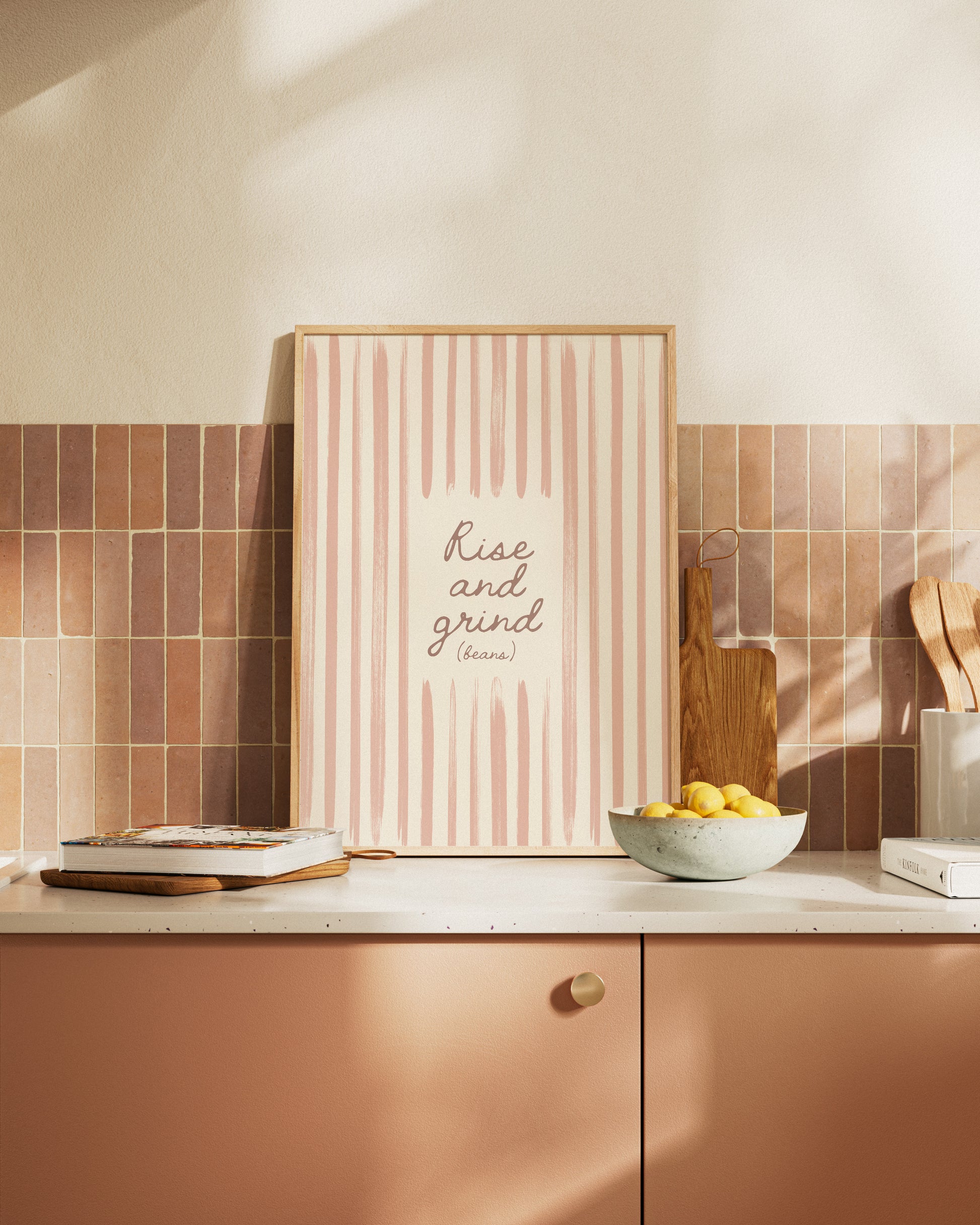 Minimalist coffee wall art in beige and terracotta tones