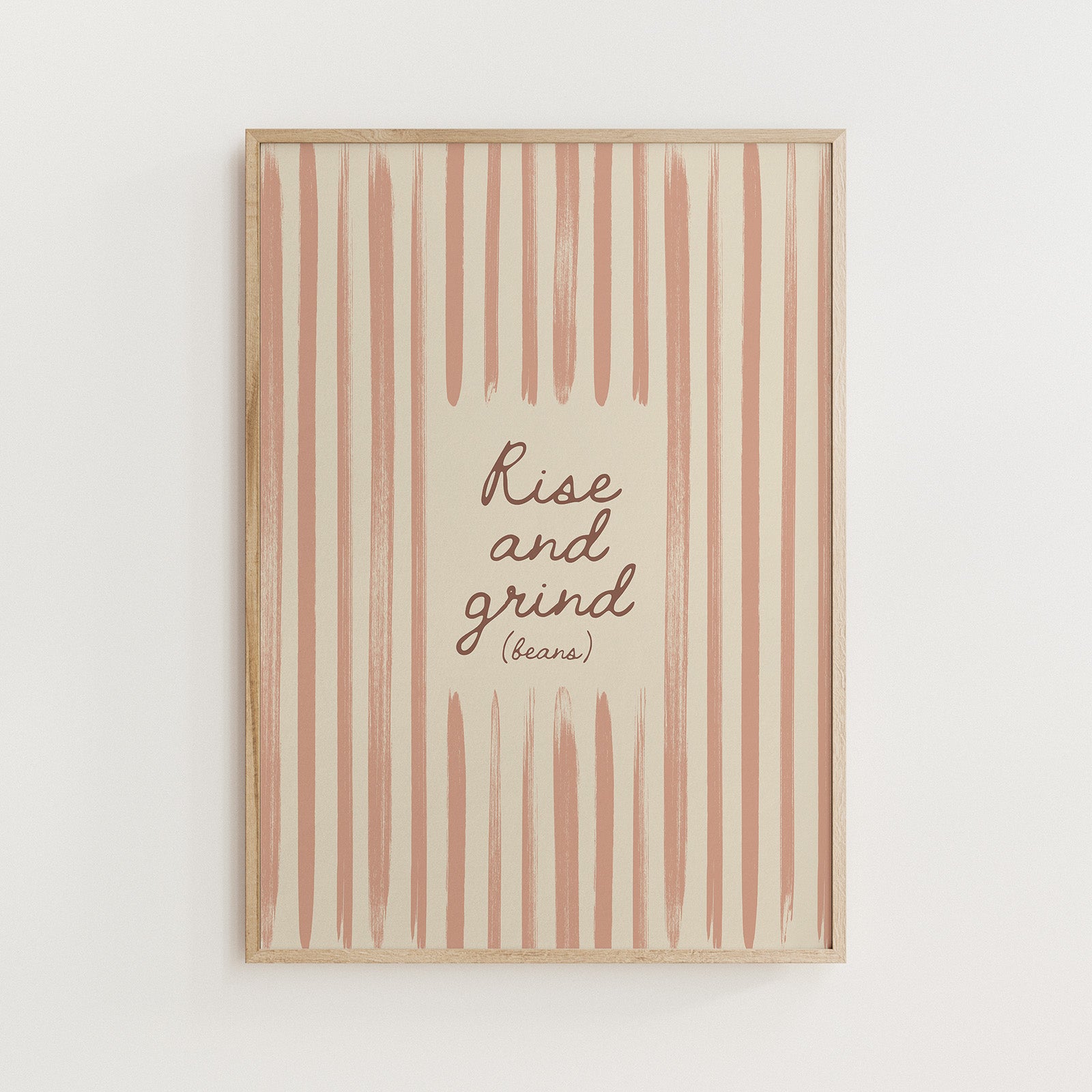 Rise and Grind beans coffee quote print with neutral brushstroke background
